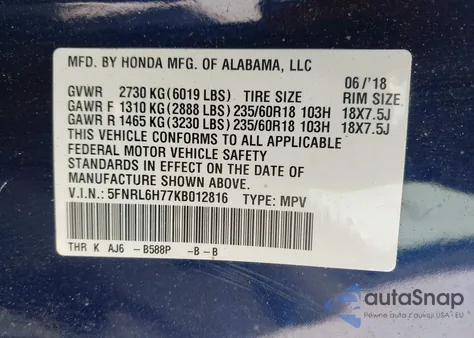 2019 Honda Odyssey Ex-L из США, поврежденный, VIN 5FNRL6H77KB012816